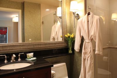 Hotel bathroom with bathrobe