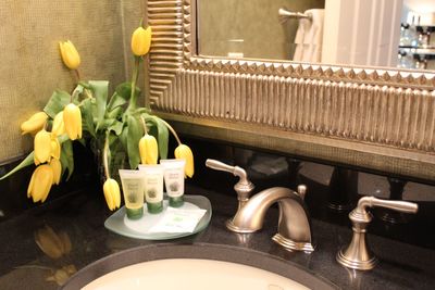 Tulips on bathroom sink